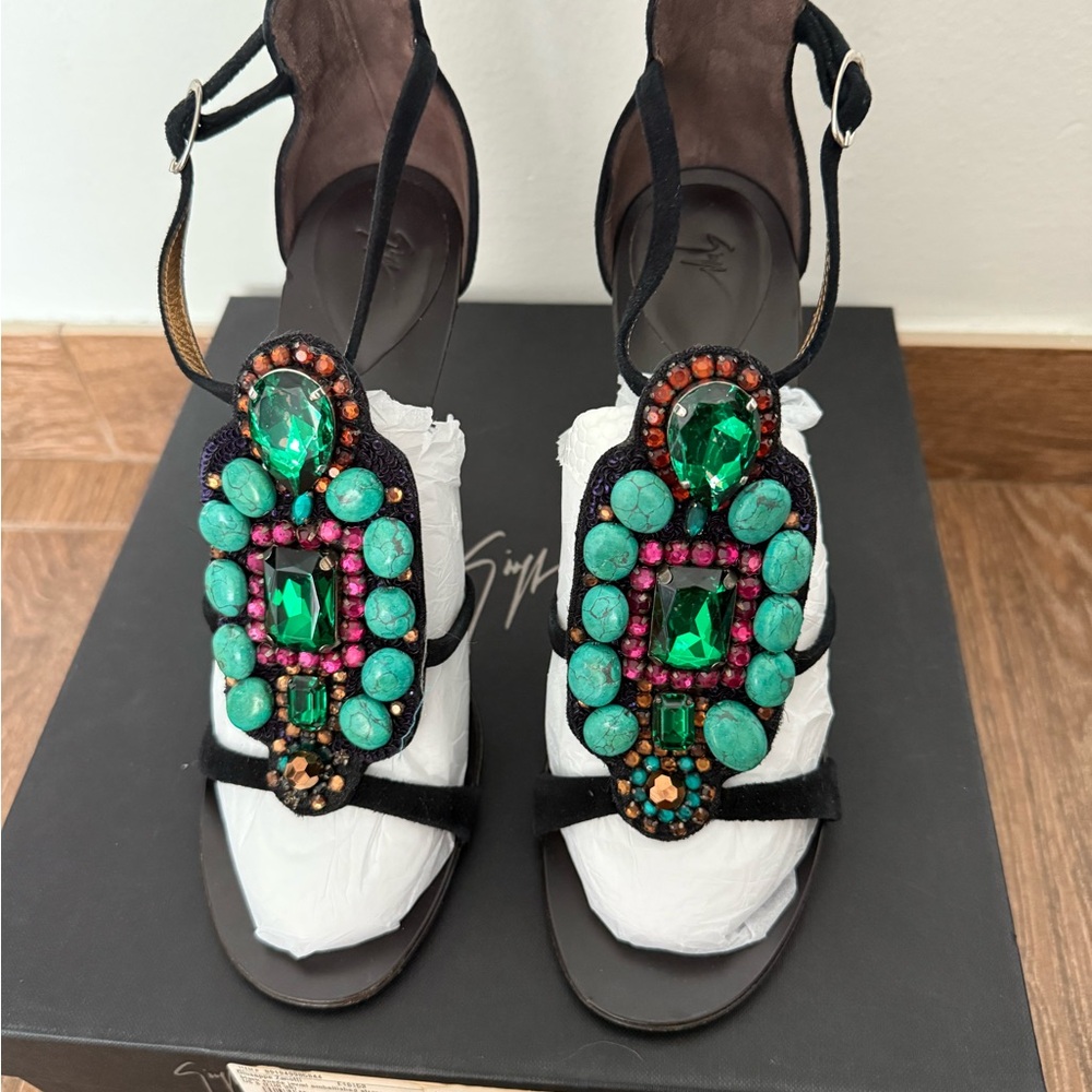 Giuseppe Zanotti Black Heels with turquoise Embellishments.